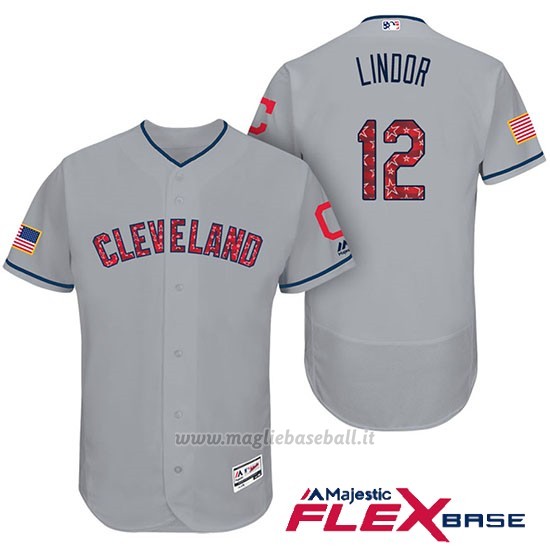 Maglia Baseball Uomo Cleveland Indians 2017 Estrellas y Rayas Francisco Lindor Grigio Flex Base